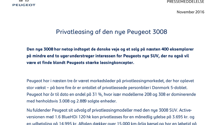 Privatleasing af den nye Peugeot 3008