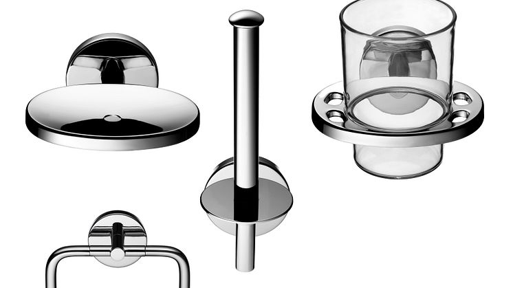 Exempel på badrumstillbehören ur serien G2; tvålkopp, handukshängare/ring, extra pappershållare och tandborstglas