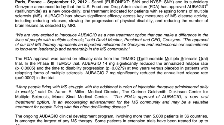 FDA Approves Genzyme’s AUBAGIO® (teriflunomide), a Once-Daily, Oral Treatment for Relapsing Multiple Sclerosis