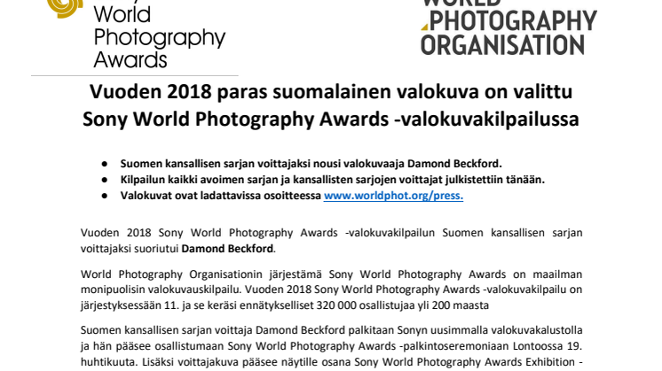 Vuoden 2018 paras suomalainen valokuva on valittu Sony World Photography Awards -valokuvakilpailussa