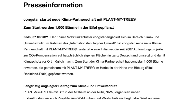 congstar startet neue Klima-Partnerschaft mit PLANT-MY-TREE®