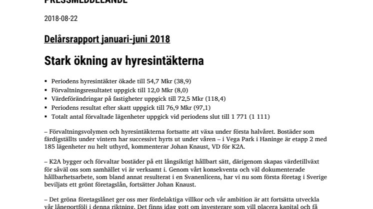 K2A delårsrapport januari-juni 2018