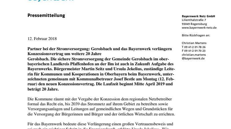 Gerolsbach und Bayernwerk bleiben Partner bei der Stromversorgung