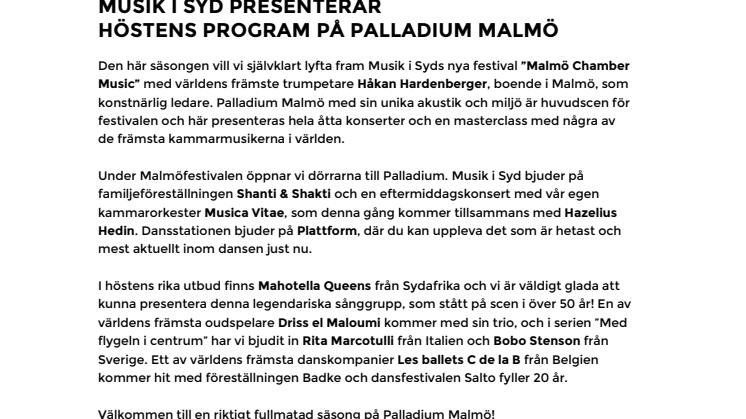 Musik i Syd presenterar höstens program på Palladium Malmö