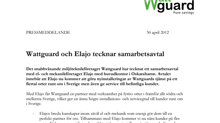 Wattguard och Elajo tecknar samarbetsavtal 