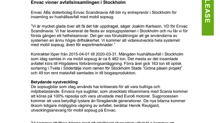 Envac Scandinavia AB blir ny entreprenör i Stockholm för insamling av hushållsavfall med mobil sopsug