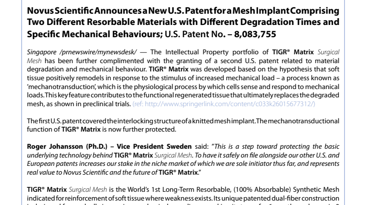 Novus Scientific Announces a New U.S. Patent for a Mesh Implant Comprising Two Different Resorbable Materials with Different Degradation Times and Specific Mechanical Behaviours; U.S. Patent No. – 8,083,755