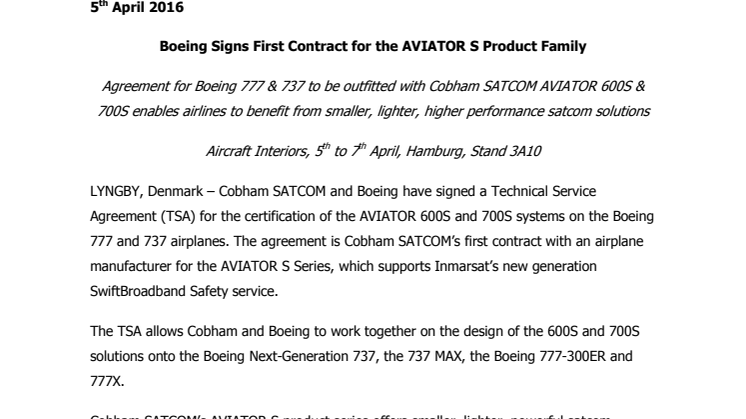 Cobham SATCOM: Boeing Signs First Contract for AVIATOR S Product Family