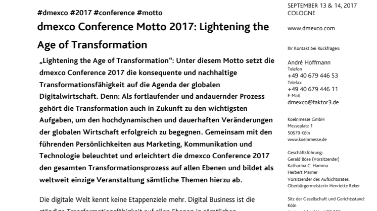 dmexco Conference Motto 2017: Lightening the Age of Transformation