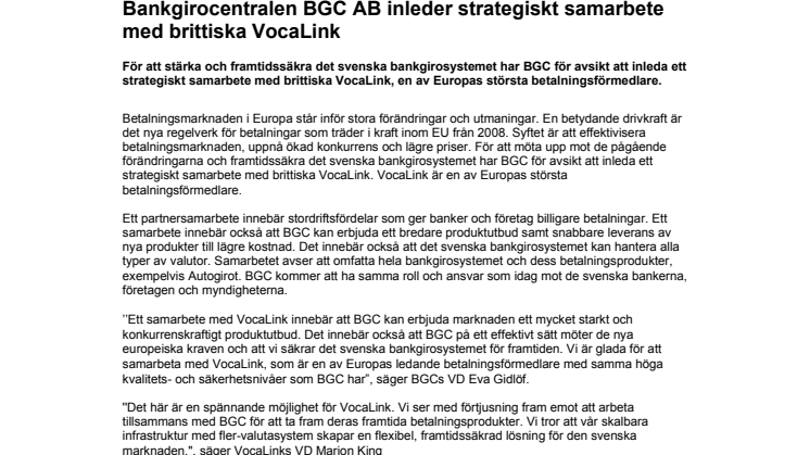 Bankgirocentralen BGC AB inleder strategiskt samarbete med brittiska VocaLink 