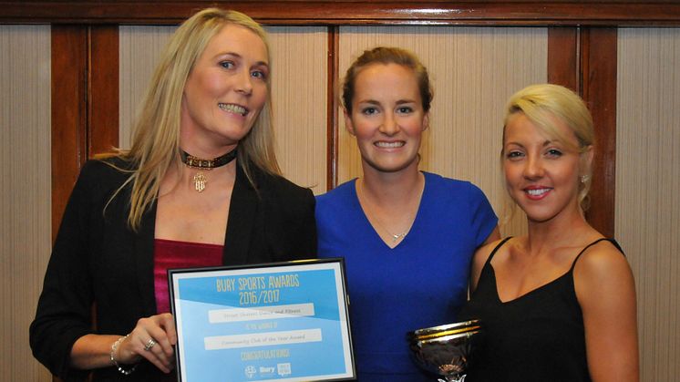 Guest of honour Claire Cashmore (centre) presents the Community Club of the Year award to Liz Norris and Natalie Berry of Street Shakers Dance and Fitness.