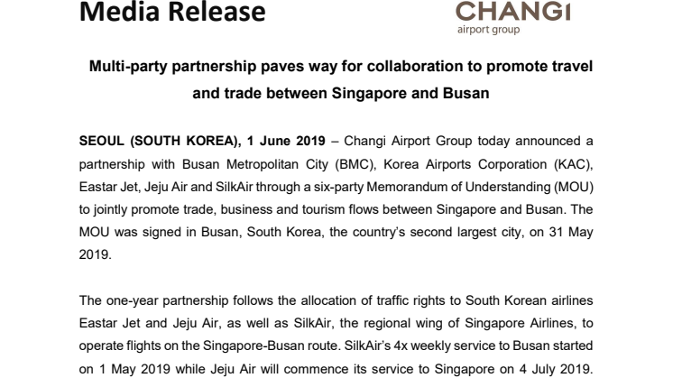 Multi-party partnership paves way for collaboration to promote travel and trade between Singapore and Busan