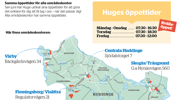 Huges områdeskontor finns centrala Huddinge, Flemingsberg, Skogås och Vårby. 