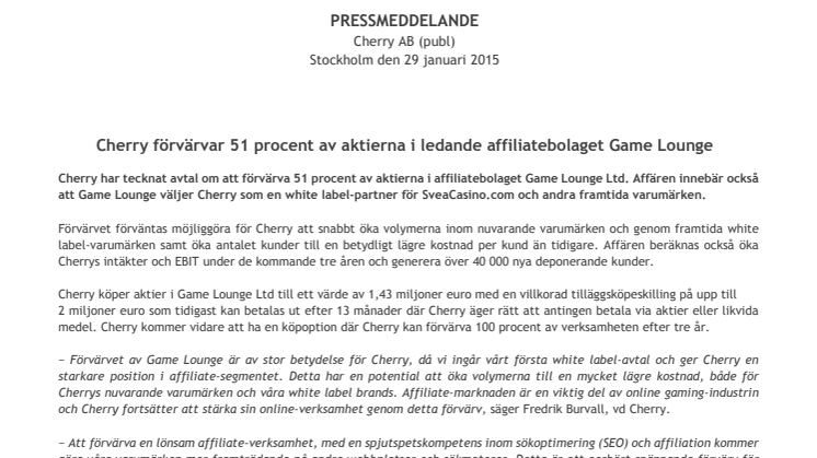 Cherry förvärvar 51 procent av aktierna i ledande affiliatebolaget Game Lounge