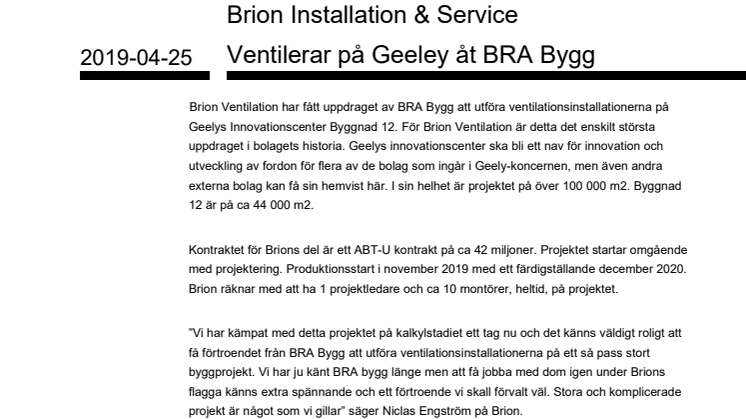 Brion Installation & Service Ventilerar på Geeley åt BRA Bygg