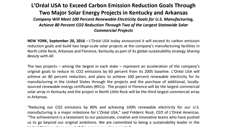 2020 mål for CO2 reduktion overstiger forventningerne med to solenergi projekter på fabrikker i Kentucky  og Arkansas
