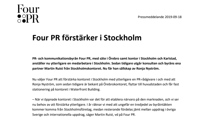 Four PR förstärker i Stockholm