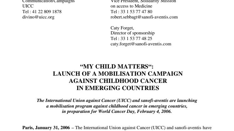 MY CHILD MATTERS: LAUNCH OF A MOBILISATION CAMPAIGN AGAINST CHILDHOOD CANCER IN EMERGING COUNTRIES