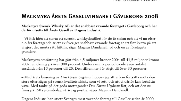 Mackmyra årets Gasellvinnare i Gävleborg 2008