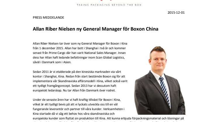 Allan Riber Nielsen ny General Manager för Boxon China
