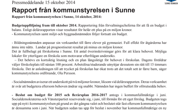 Rapport från kommunstyrelsen i Sunne