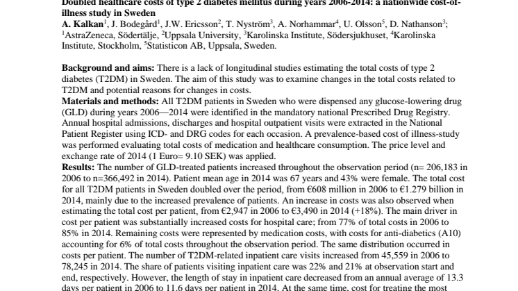 Fördubblade sjukdomskostnader i Sverige för typ 2-diabetes under åren 2006 – 2014. Följdsjukdomar som stroke och hjärtinfarkt kostar allt mer