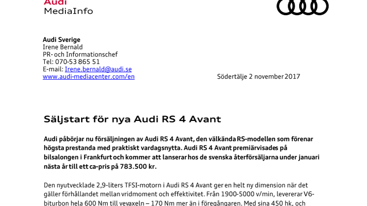  Säljstart för nya Audi RS 4Avant
