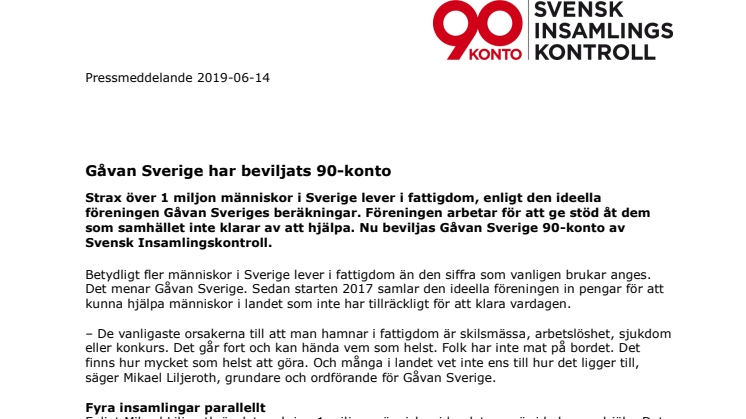 Gåvan Sverige har beviljats 90-konto