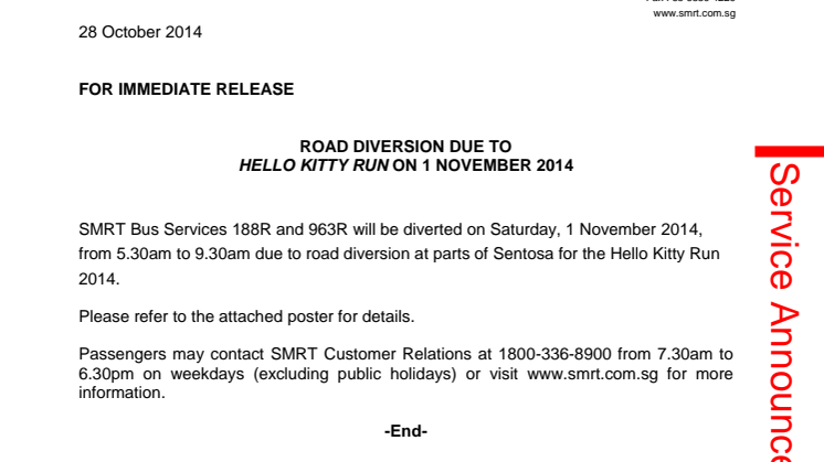Road Diversion due to Hello Kitty Run on 1 November 2014