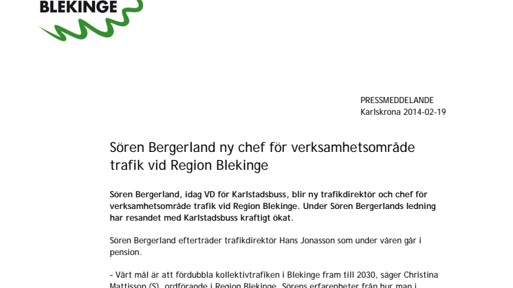 Sören Bergerland ny trafikdirektör vid Region Blekinge 