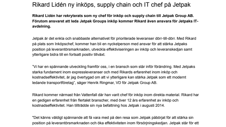 Rikard Lidén ny inköps, supply chain och IT chef på Jetpak