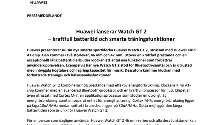 Huawei lanserar Watch GT 2  – kraftfull batteritid och smarta träningsfunktioner