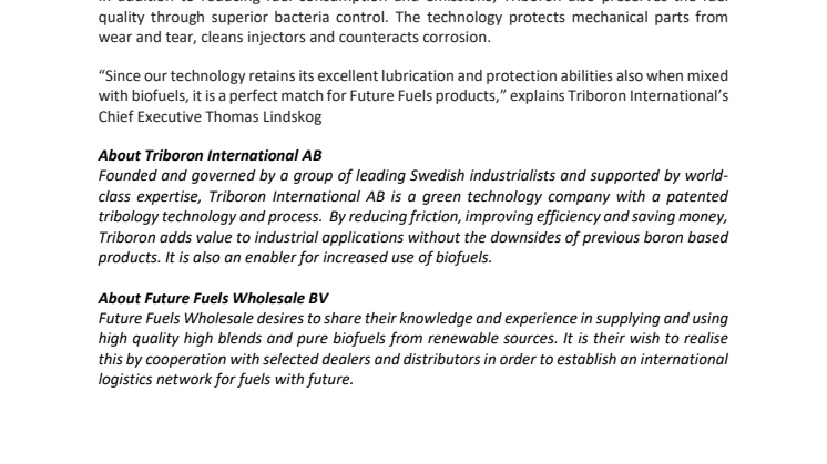 Triboron blir svensk distributör för Future Fuels