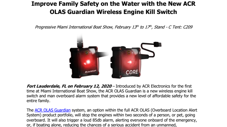 Miami International Boat Show: Improve Family Safety on the Water with the New ACR OLAS Guardian Wireless Engine Kill Switch