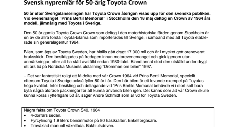 Svensk nypremiär för 50-årig Toyota Crown