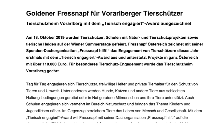 Goldener Fressnapf für Vorarlberger Tierschutzheim