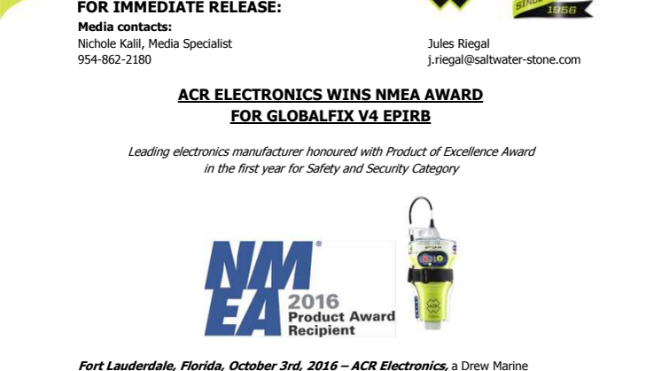 ACR Electronics: ACR Electronics Wins NMEA Award for GlobalFIX V4 EPIRB