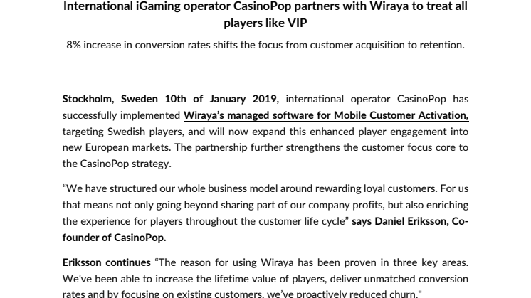 International iGaming operator CasinoPop partners with Wiraya to treat all players like VIP
