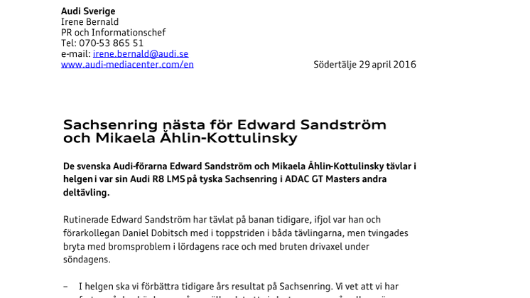 Sachsenring nästa för Edward Sandström och Mikaela Åhlin-Kottulinsky