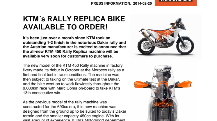 KTM´s RALLY REPLICA BIKE AVAILABLE TO ORDER!