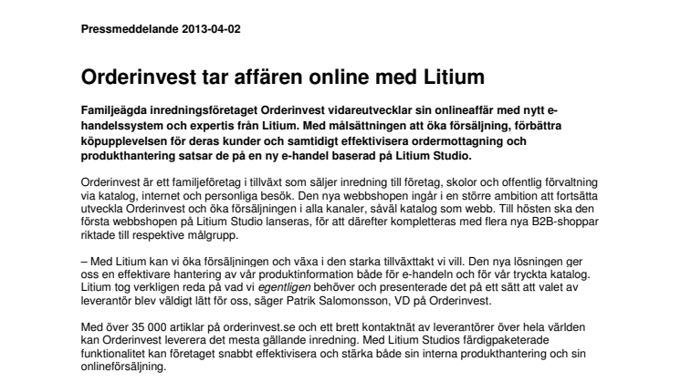 Orderinvest tar affären online med Litium