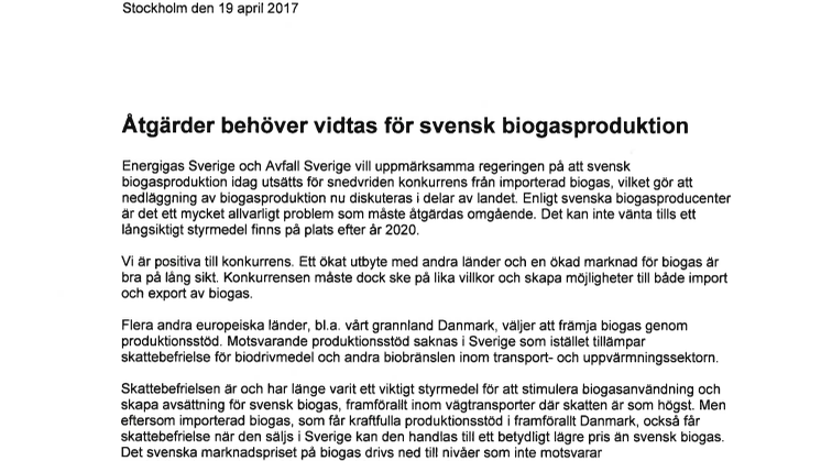 Brev till berörda statsråd om åtgärder för att rädda svensk biogasproduktion
