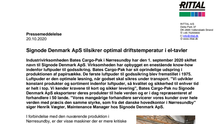 Signode Denmark ApS tilsikrer optimal driftstemperatur i el-tavler