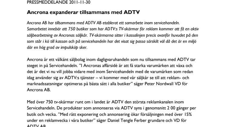 Ancrona expanderar tillsammans med ADTV