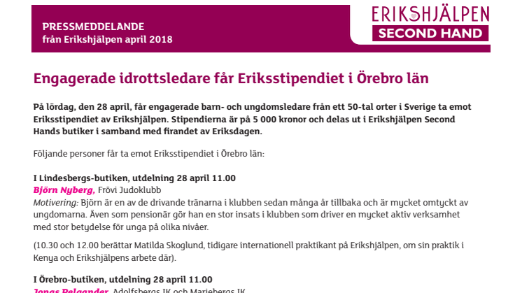 Engagerade idrottsledare får Eriksstipendiet i Örebro län