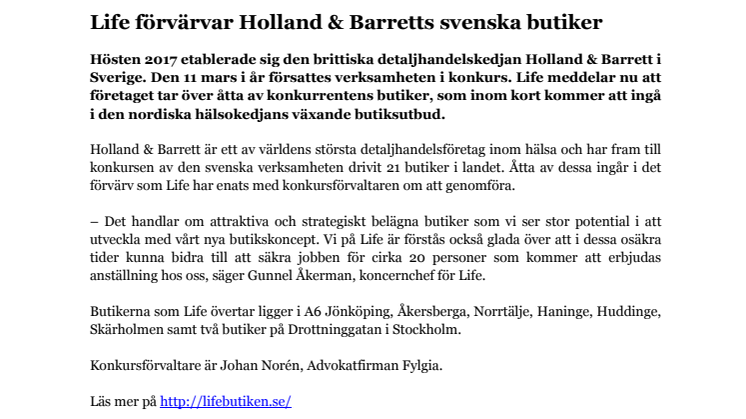 Life förvärvar Holland & Barretts svenska butiker 