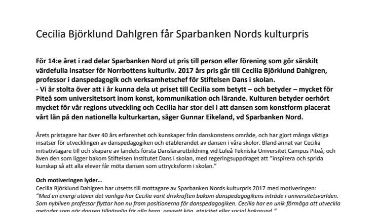 Cecilia Björklund Dahlgren får Sparbanken Nords kulturpris