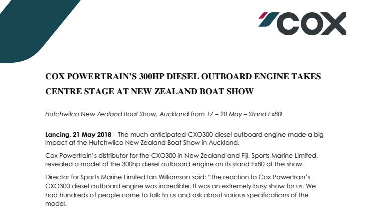 Cox Powertrain: Cox Powertrain’s 300HP Diesel Outboard Engine takes Centre Stage at New Zealand Boat Show