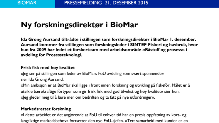 Ny forskningsdirektør i BioMar