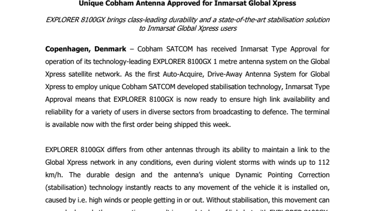 Cobham SATCOM: Unique Cobham Antenna Approved for Inmarsat Global Xpress 